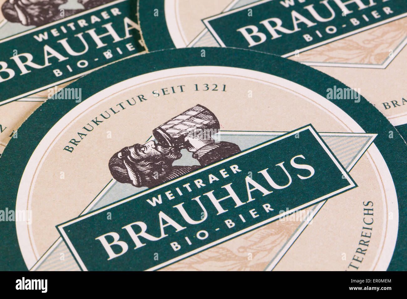 Austria,Wien - December 15,2014:Beermats from Brauhaus Bio Beer.Brauhaus Beer is brewed in Austrias oldest beer Stock Photo