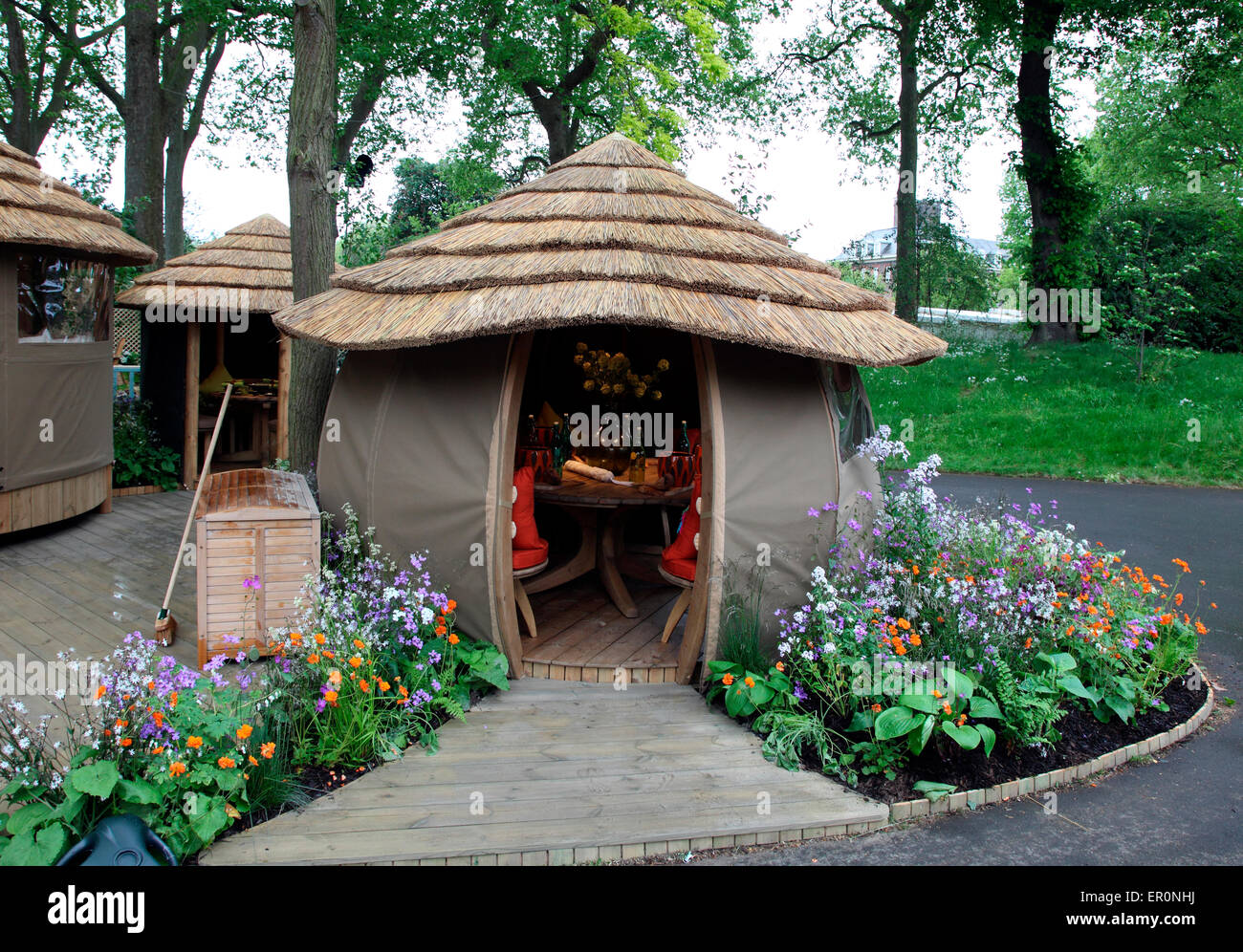 Thatched garden building  RHS Chelsea Flower Show 2015 Stock Photo