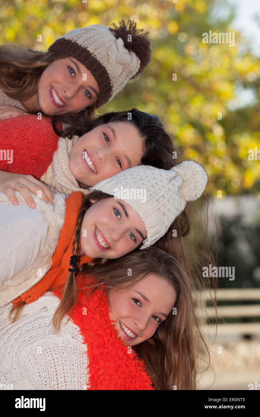 group of happy smiling autumn or winter  kids Stock Photo