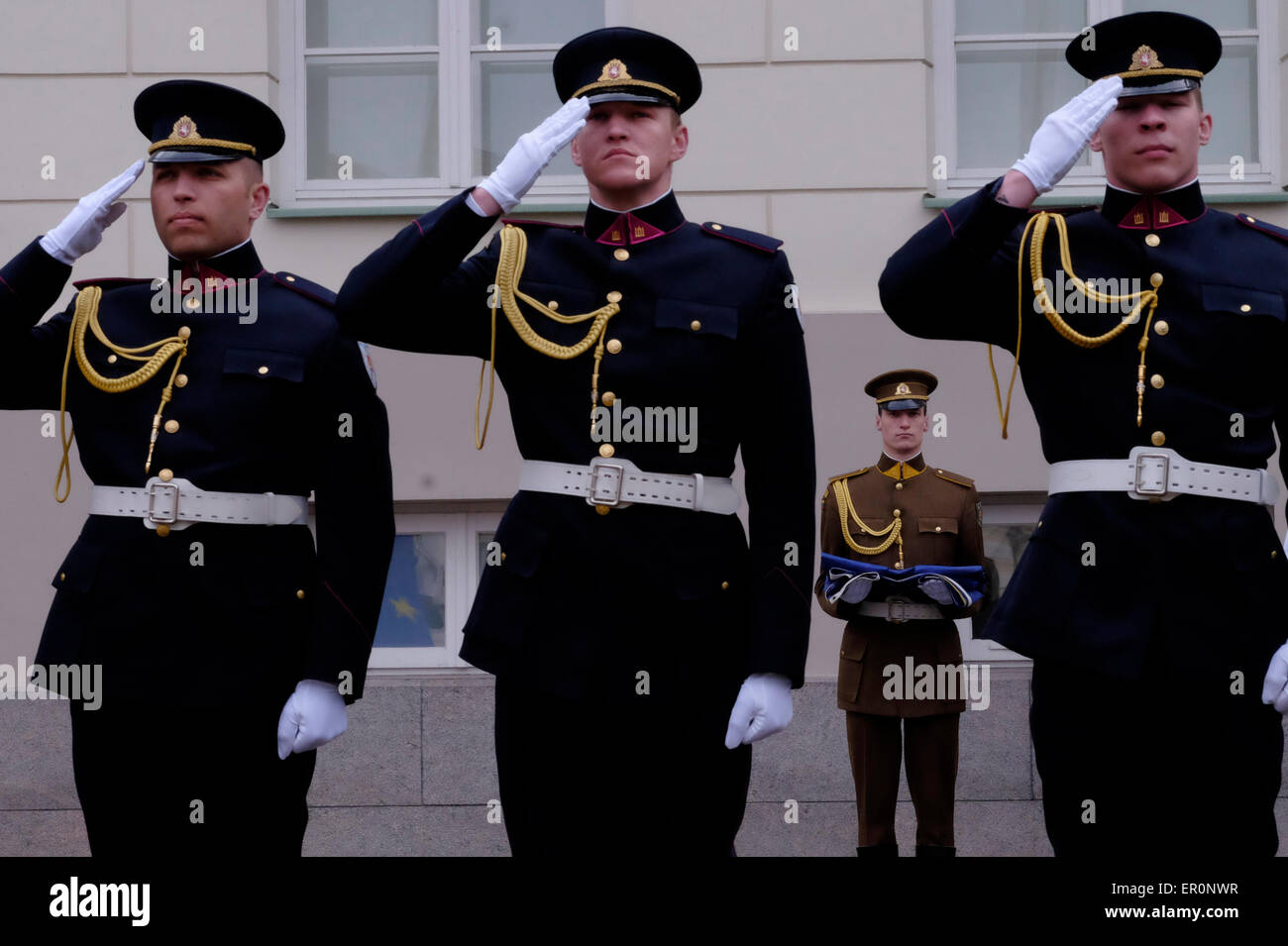 Members of the Lithuanian Air Force or LAF the military aviation branch of the Lithuanian armed forces taking part in the Changing of Guards ceremony in front of  the Presidential palace in the old city of Vilnius, the capital of Lithuania Stock Photo