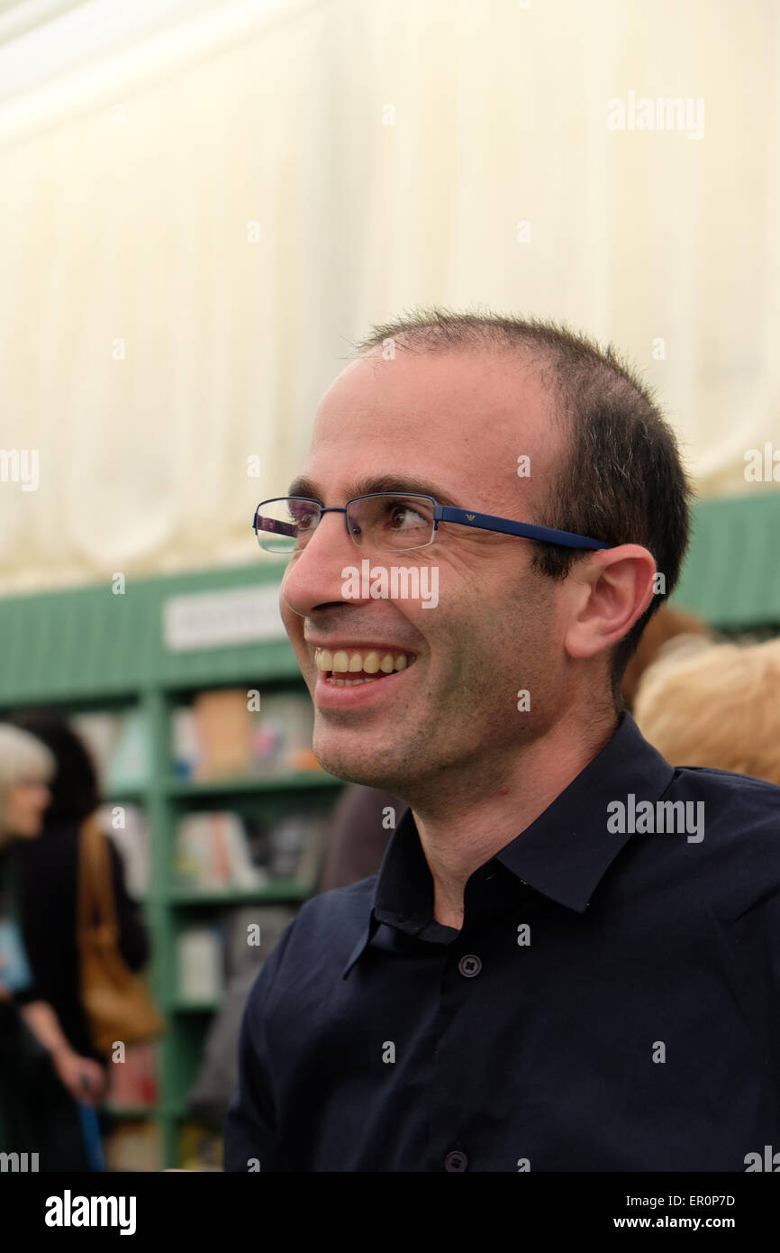 Powys, Wales, UK May 2015. Author Yuval Noah Harari in the Festival bookshop signing copies of his latest book Sapiens - A Brief History of Humankind. Stock Photo