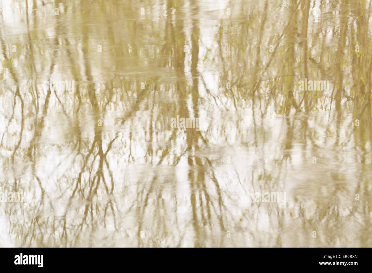Blurred reflection of trees and sky in a small wood river. Spring. The