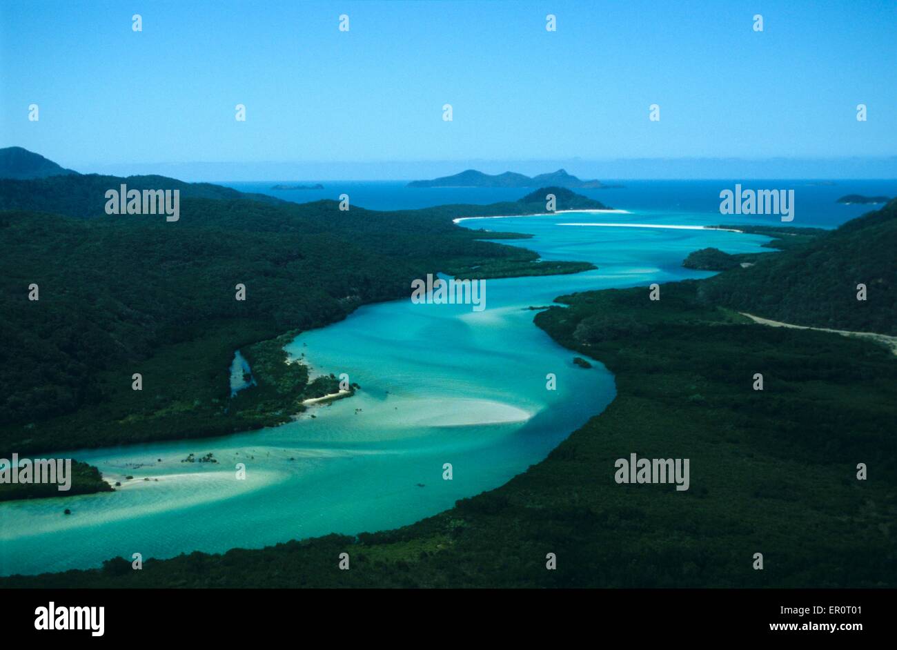 Australia, Queensland, Whitsunday island, sand water canal going down to Hill Inlet and Whitehaven Beach (aerial view) // Austra Stock Photo