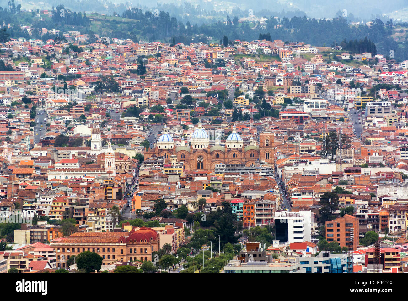 Cityscape of Cuenca, Ecuador with the cathedral in the center of the picture Stock Photo