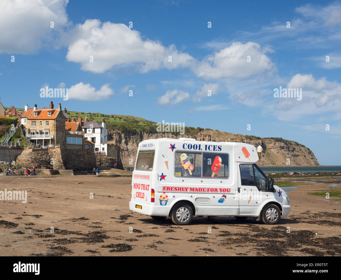 Ice Cream Van On The Beach At Robin Hoods Bay High Resolution Stock