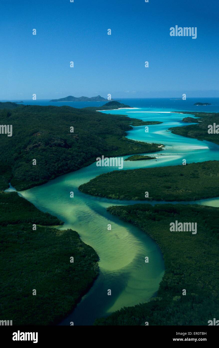 Australia, Queensland, Whitsunday island, sand water canal going down to Hill Inlet and Whitehaven Beach (aerial view) // Austra Stock Photo