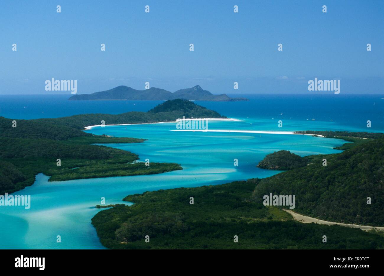 Australia, Queensland, Whitsunday island, sand water canal going down to Hill Inlet and Whitehaven Beach (aerial view) // Austra Stock Photo