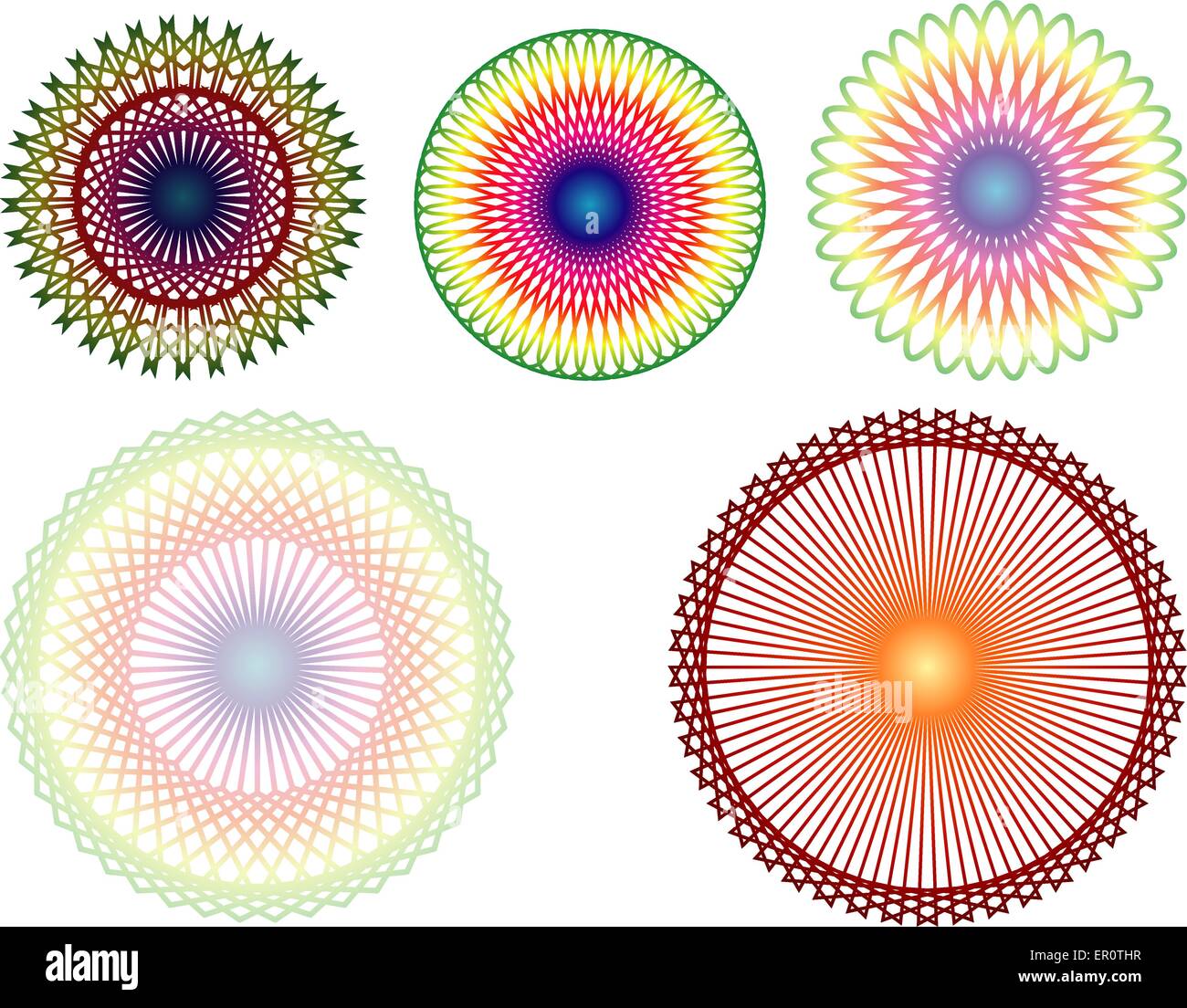 Set of 5 Colorful Spirographs Stock Vector