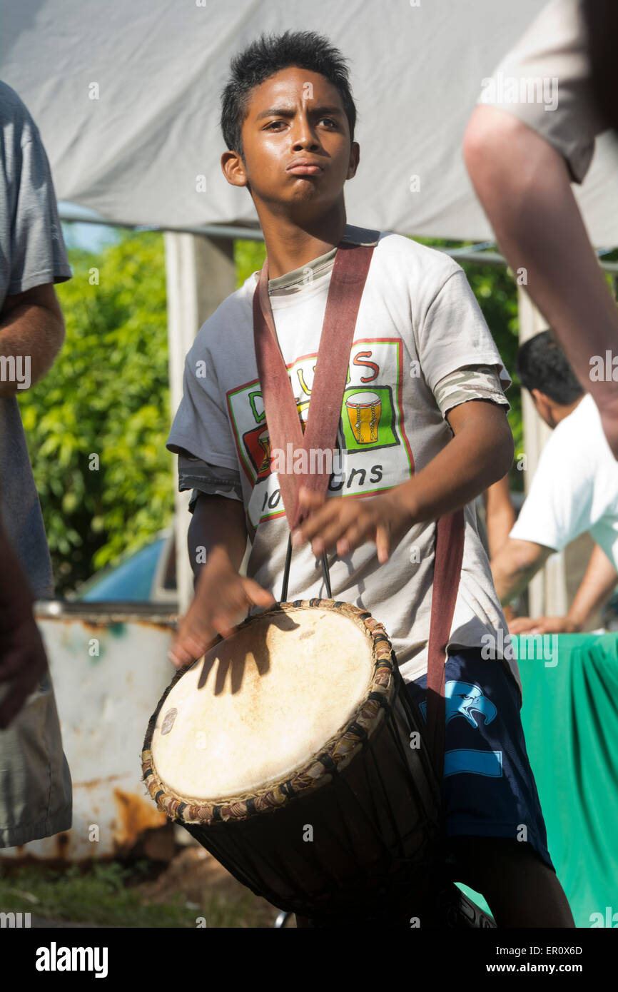 Punta Gorda, Belize. 23rd May, 2015. Young drummer drums with the ...