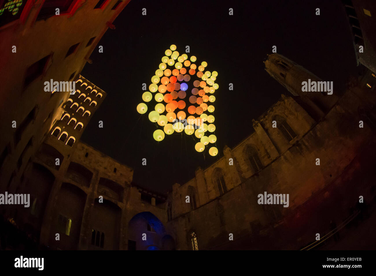 The Plaça del Rei and Saló del Tinell hosting an artist's multimedia exhibit of variably-colored balloons, February 2015 Stock Photo