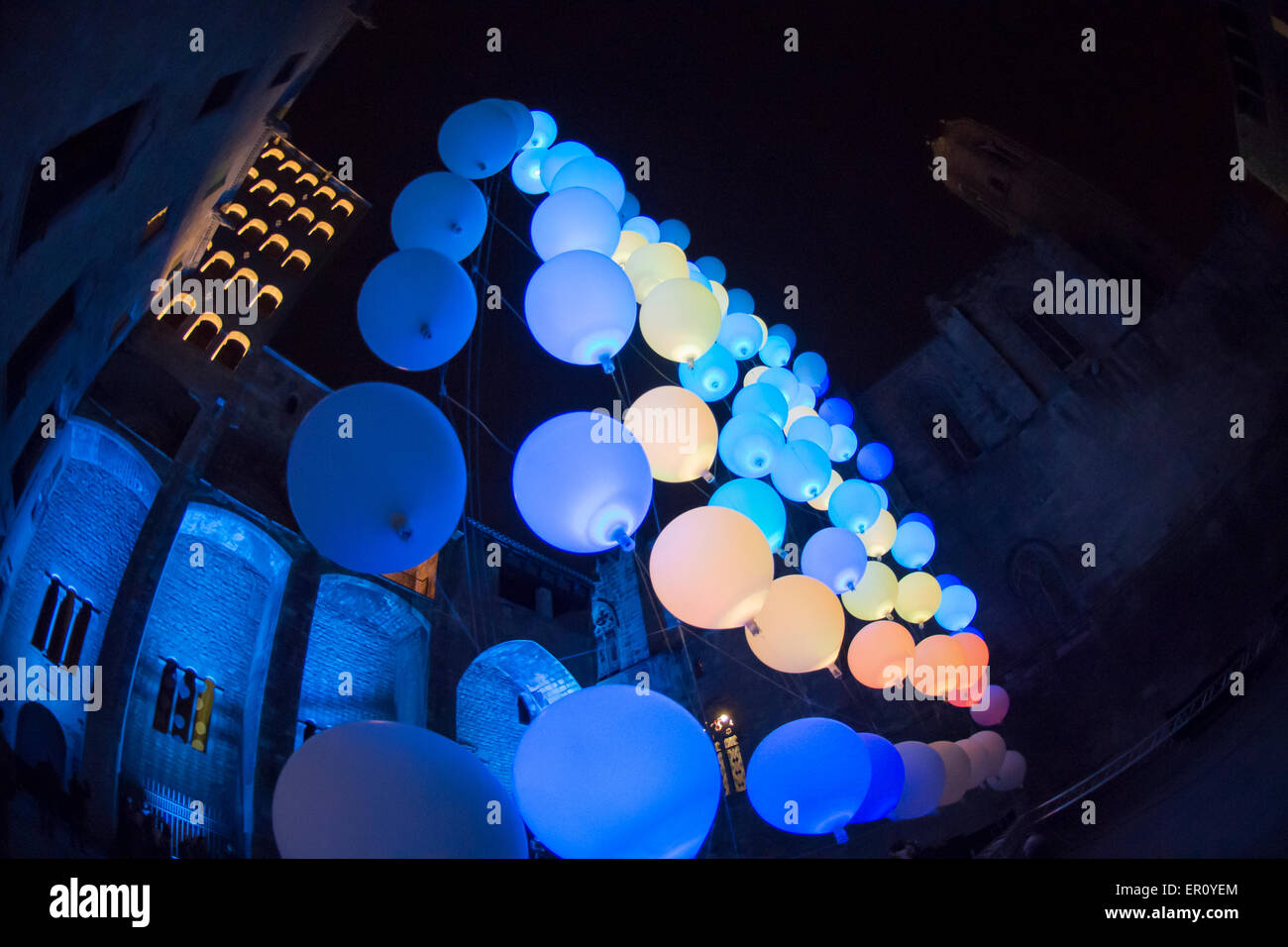 The Plaça del Rei and Saló del Tinell hosting an artist's multimedia exhibit of variably-colored balloons, February 2015 Stock Photo