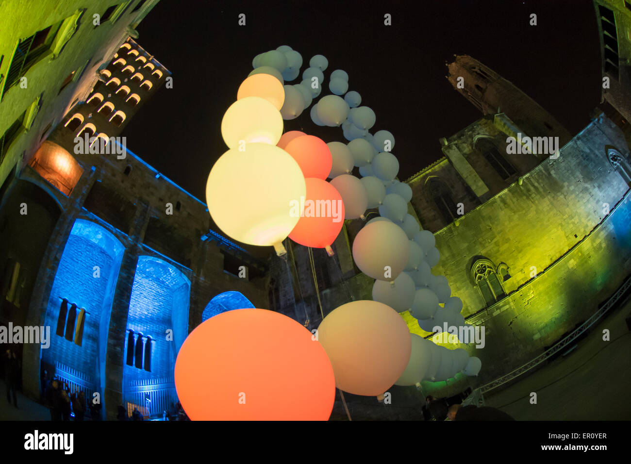 The Plaça del Rei and Saló del Tinell hosting an artist's multimedia exhibit of variably-colored balloons, February 2015 Stock Photo