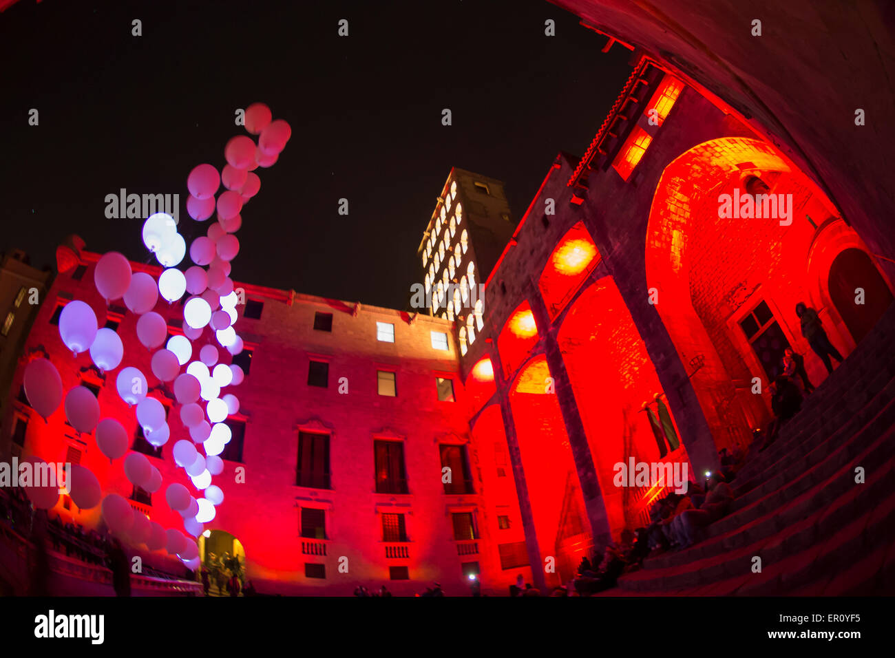 The Plaça del Rei and Saló del Tinell hosting an artist's multimedia exhibit of variably-colored balloons, February 2015 Stock Photo