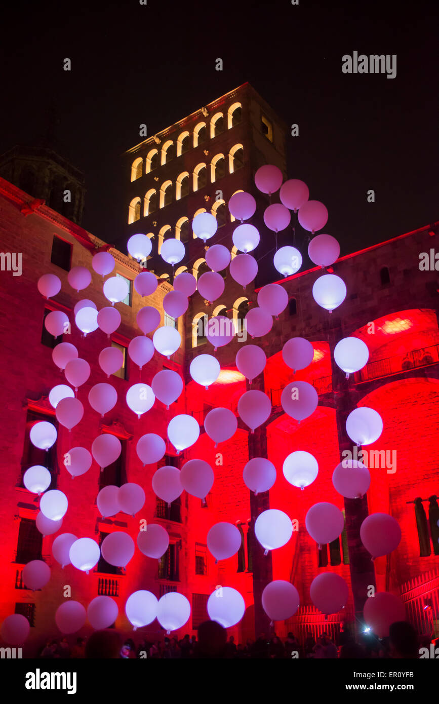 The Plaça del Rei and Saló del Tinell hosting an artist's multimedia exhibit of variably-colored balloons, February 2015 Stock Photo