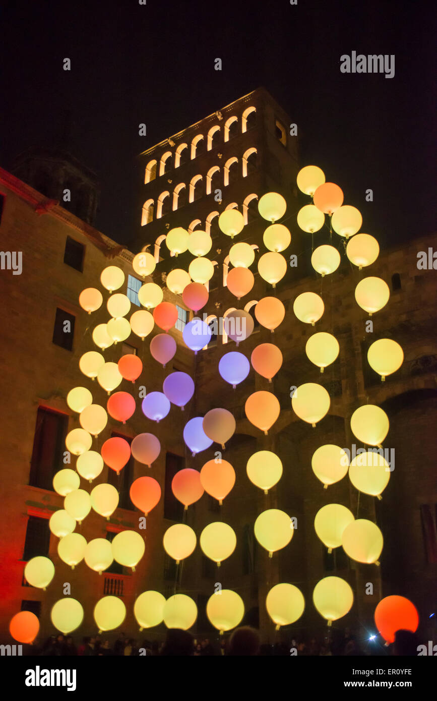 The Plaça del Rei and Saló del Tinell hosting an artist's multimedia exhibit of variably-colored balloons, February 2015 Stock Photo