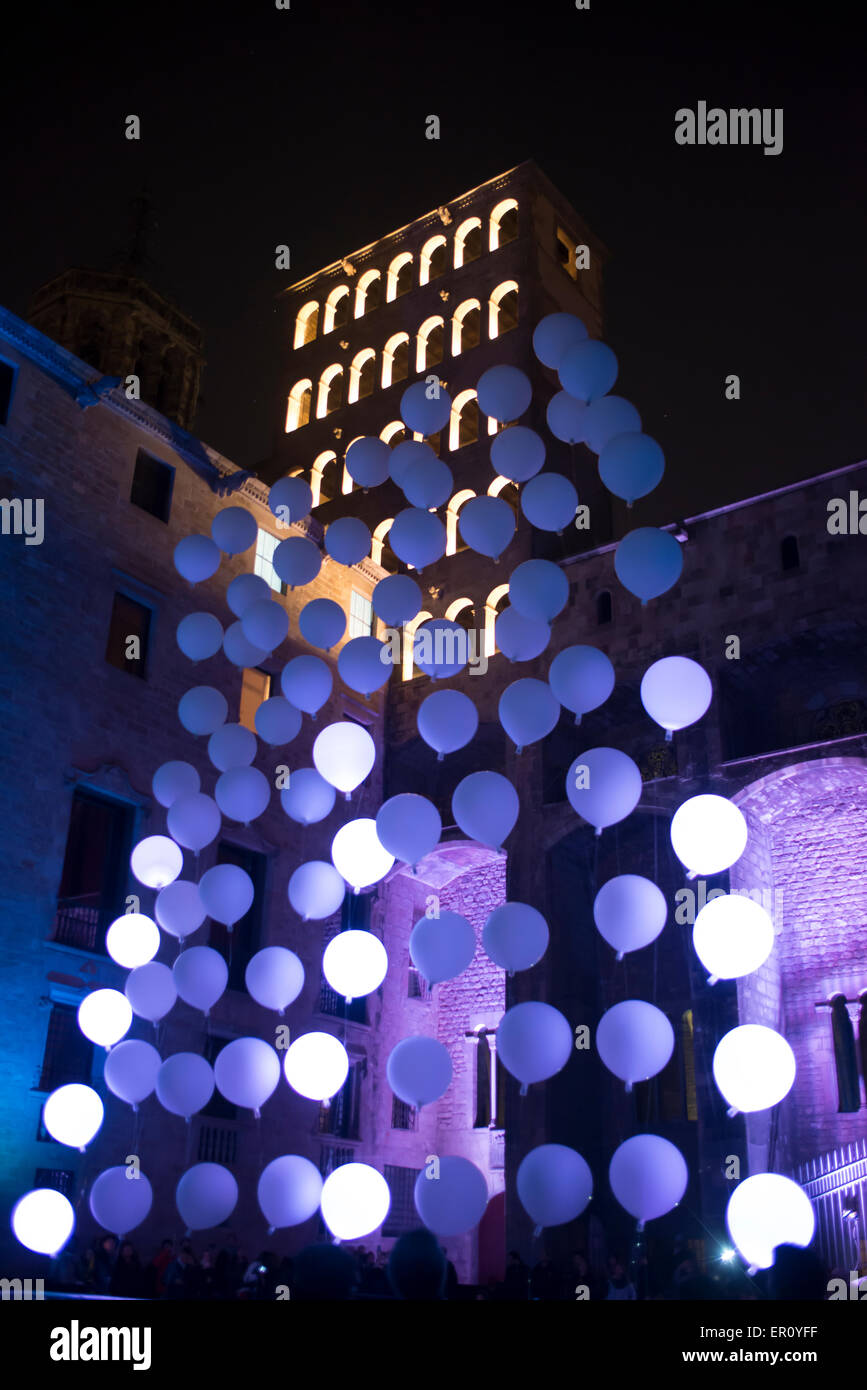 The Plaça del Rei and Saló del Tinell hosting an artist's multimedia exhibit of variably-colored balloons, February 2015 Stock Photo