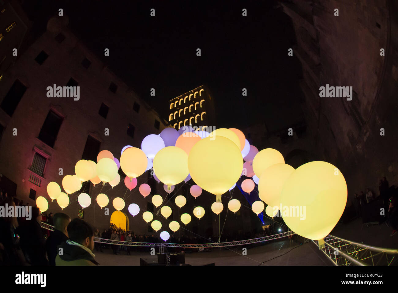 The Plaça del Rei and Saló del Tinell hosting an artist's multimedia exhibit of variably-colored balloons, February 2015 Stock Photo