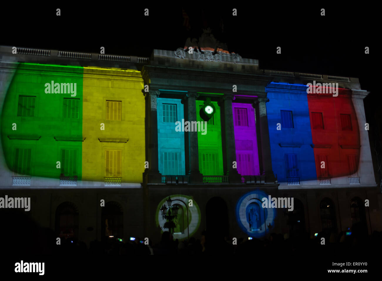 Barcelona City Hall creatively illuminated by artists during the Barcelona Light Festival on February 2015 Stock Photo