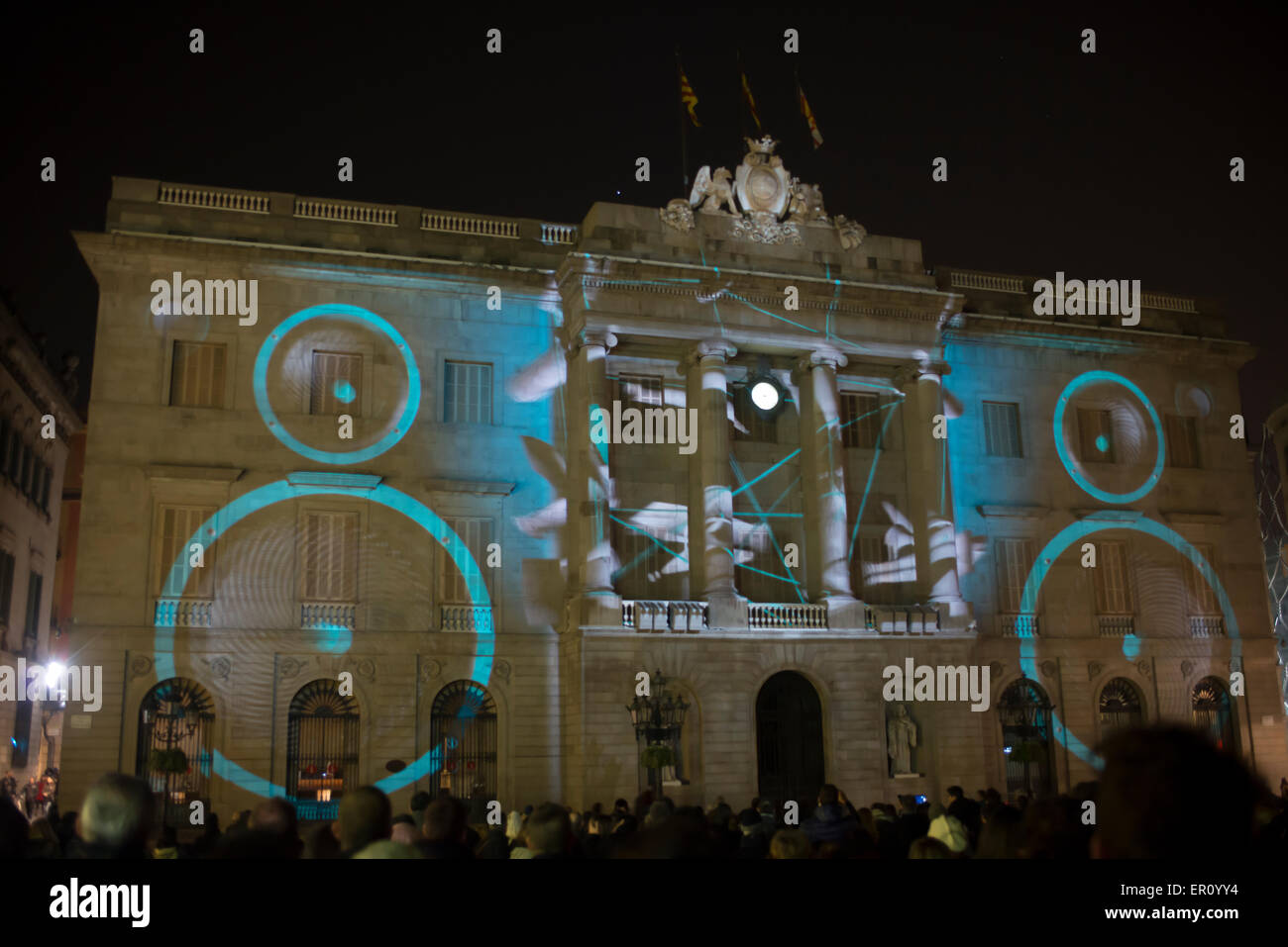 Barcelona City Hall creatively illuminated by artists during the Barcelona Light Festival on February 2015 Stock Photo