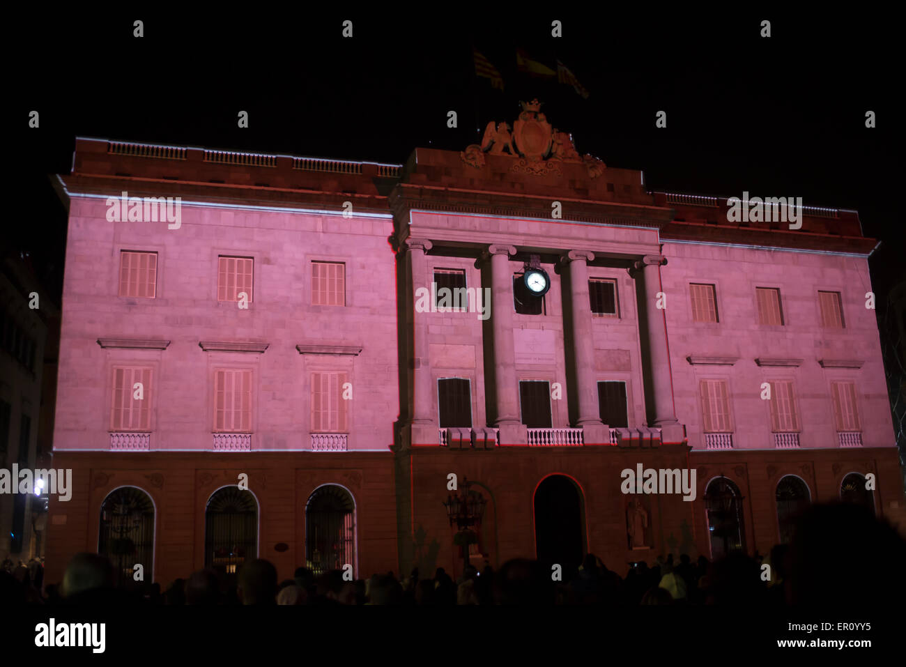 Barcelona City Hall creatively illuminated by artists during the Barcelona Light Festival on February 2015 Stock Photo