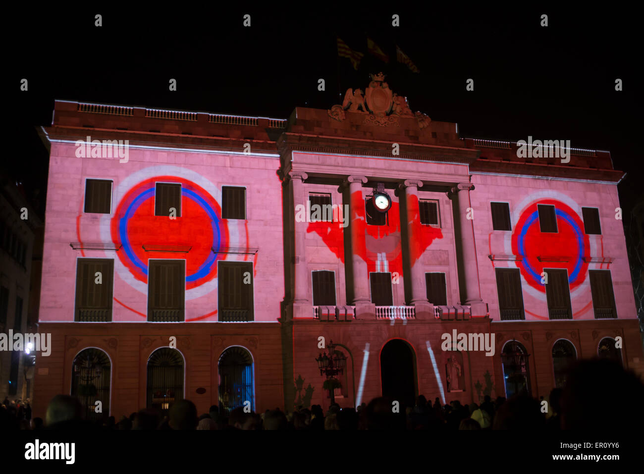 Barcelona City Hall creatively illuminated by artists during the Barcelona Light Festival on February 2015 Stock Photo