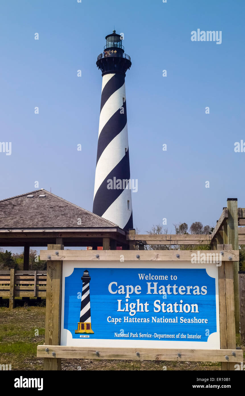 The candy-striped Cape Hatteras Light Station has long been a major attraction in the Outer Banks of North Carolina, USA. Stock Photo