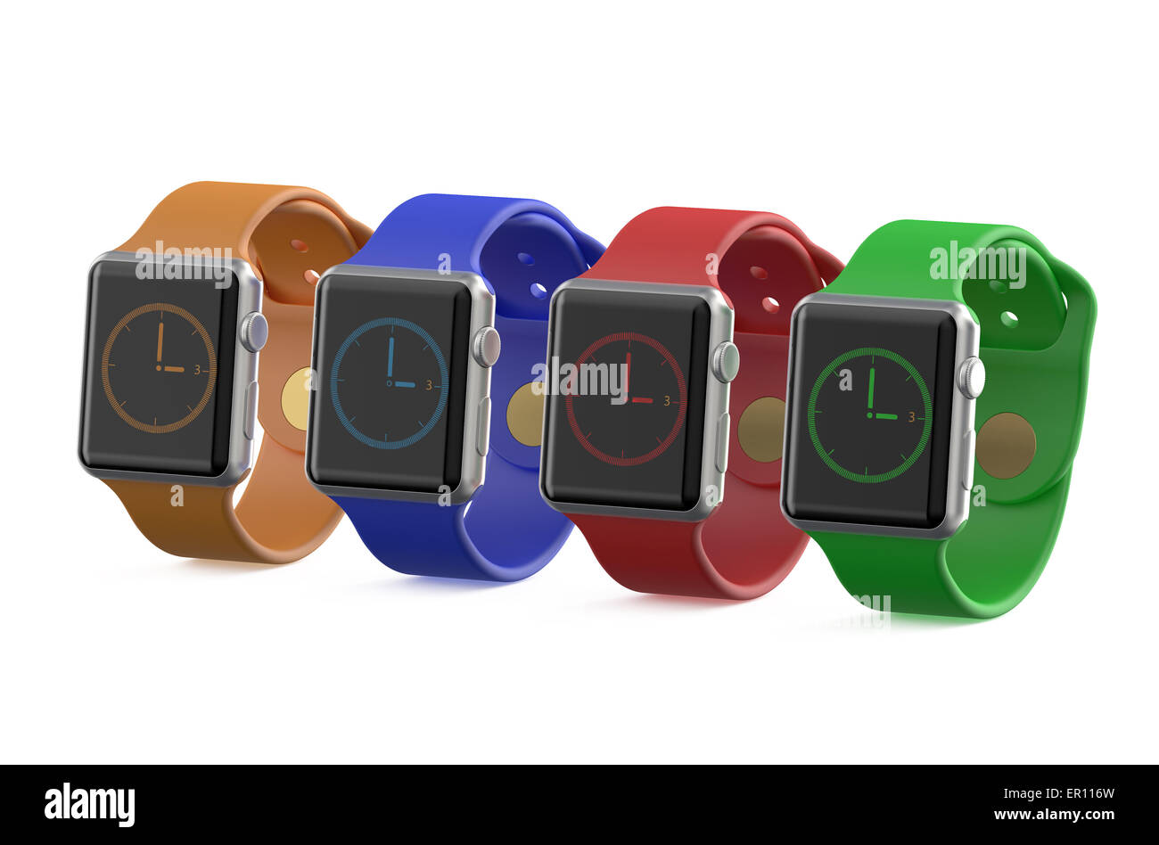 group of colored smart watch isolated on white background Stock Photo