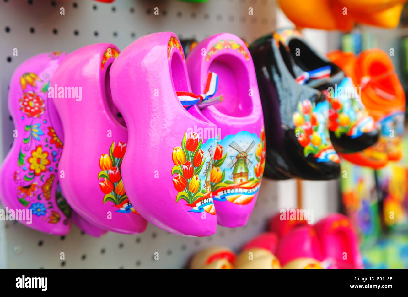 AMSTERDAM - APRIL 17: Colourful traditional Dutch wooden shoes (klomps) on April 17, 2015 in Amsterdam. Stock Photo