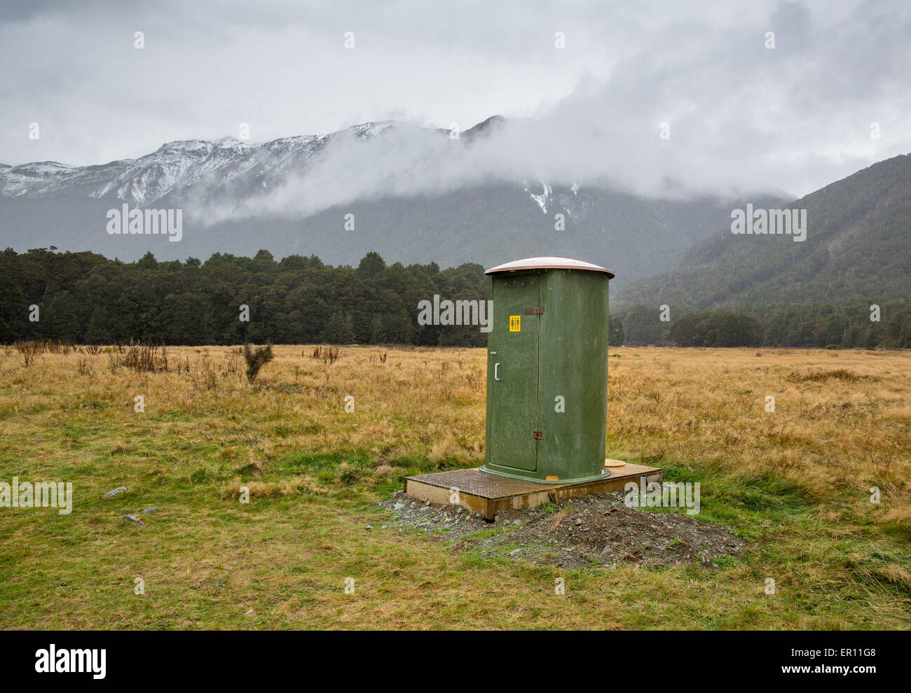 Small composting toilet by Lake Gunn Nature Walk on the Milford Road in Fjordland South Island New Zealand Stock Photo