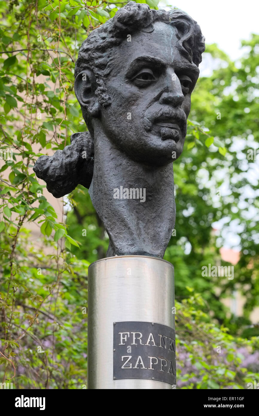 A sculpted bust of American musician Frank Vincent Zappa outside the Vilnius art academy in Vilnius capital of Lithuania. The bust was sculpted by Konstantinas Bogdanas as a symbol of freedom from USSR and it is the only public statue of Frank Zappa in the world. Stock Photo