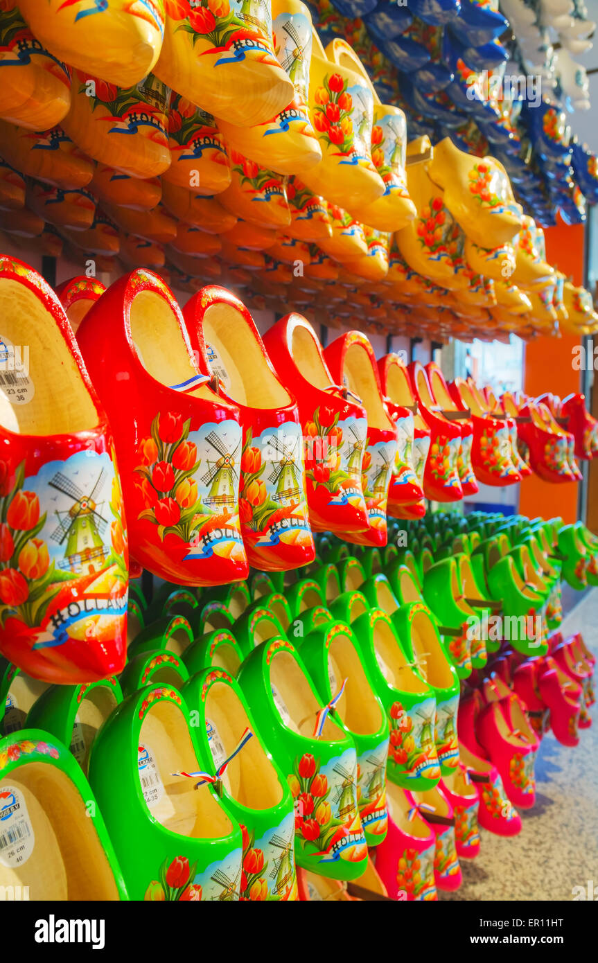 AMSTERDAM - APRIL 16: Colourful traditional Dutch wooden shoes (klomps) on April 16, 2015 in Amsterdam. Stock Photo