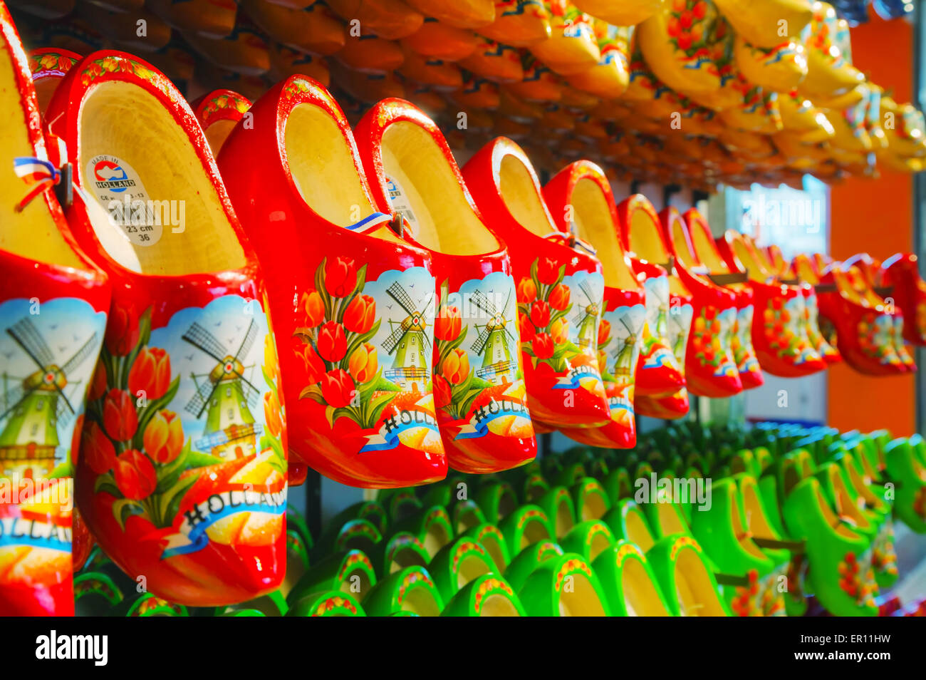 AMSTERDAM - APRIL 16: Colourful traditional Dutch wooden shoes (klomps) on April 16, 2015 in Amsterdam. Stock Photo