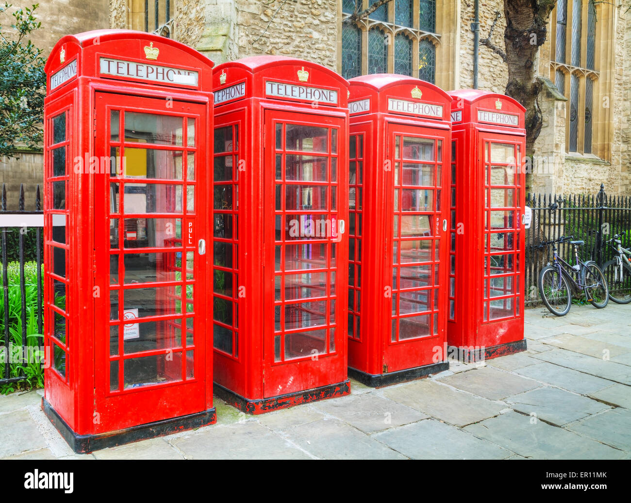 Famous red telephone booths in Cambridge, UK Stock Photo
