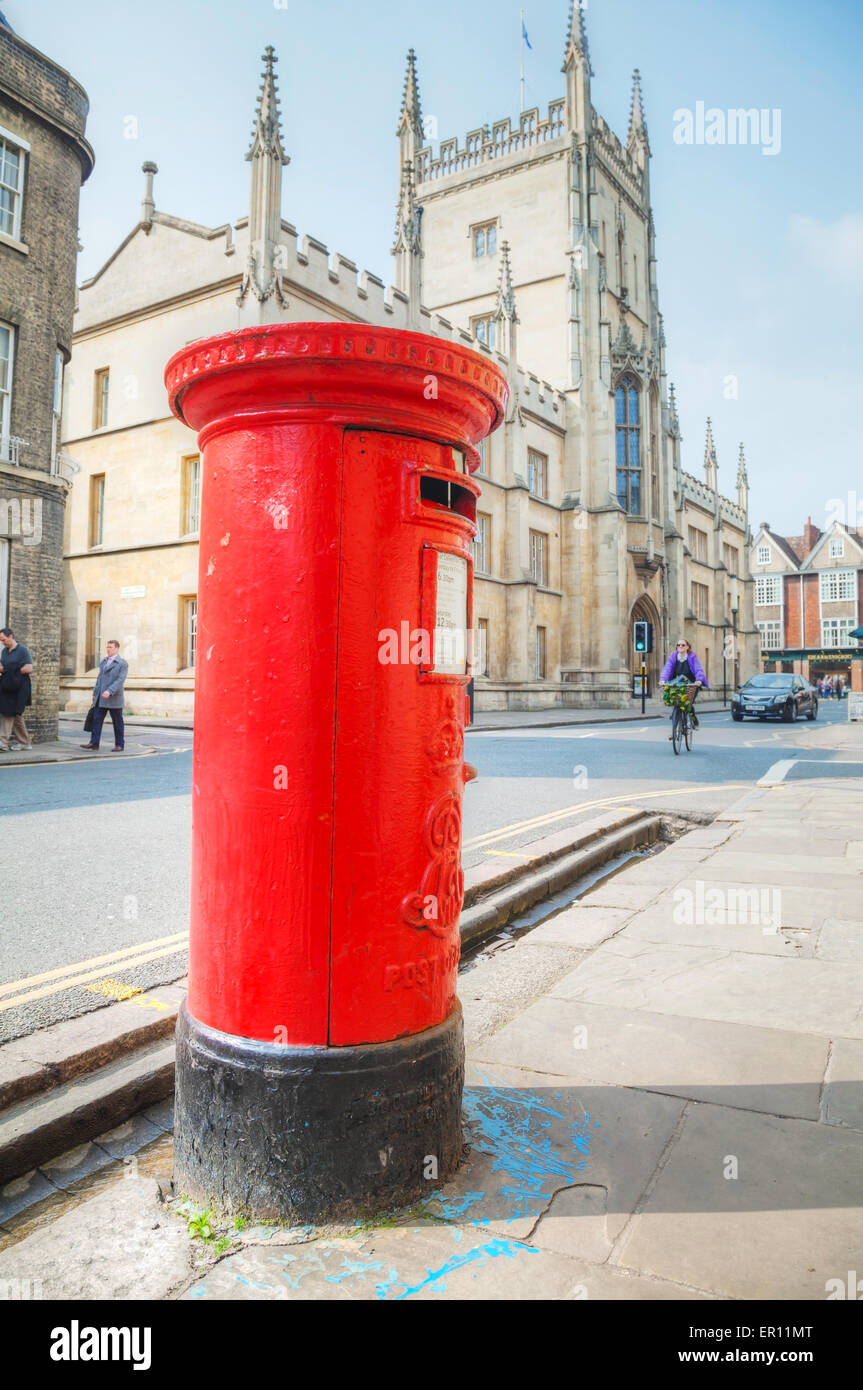 Cambridge, UK - April 9: Famous red post box in Cambridge, UK. Stock Photo