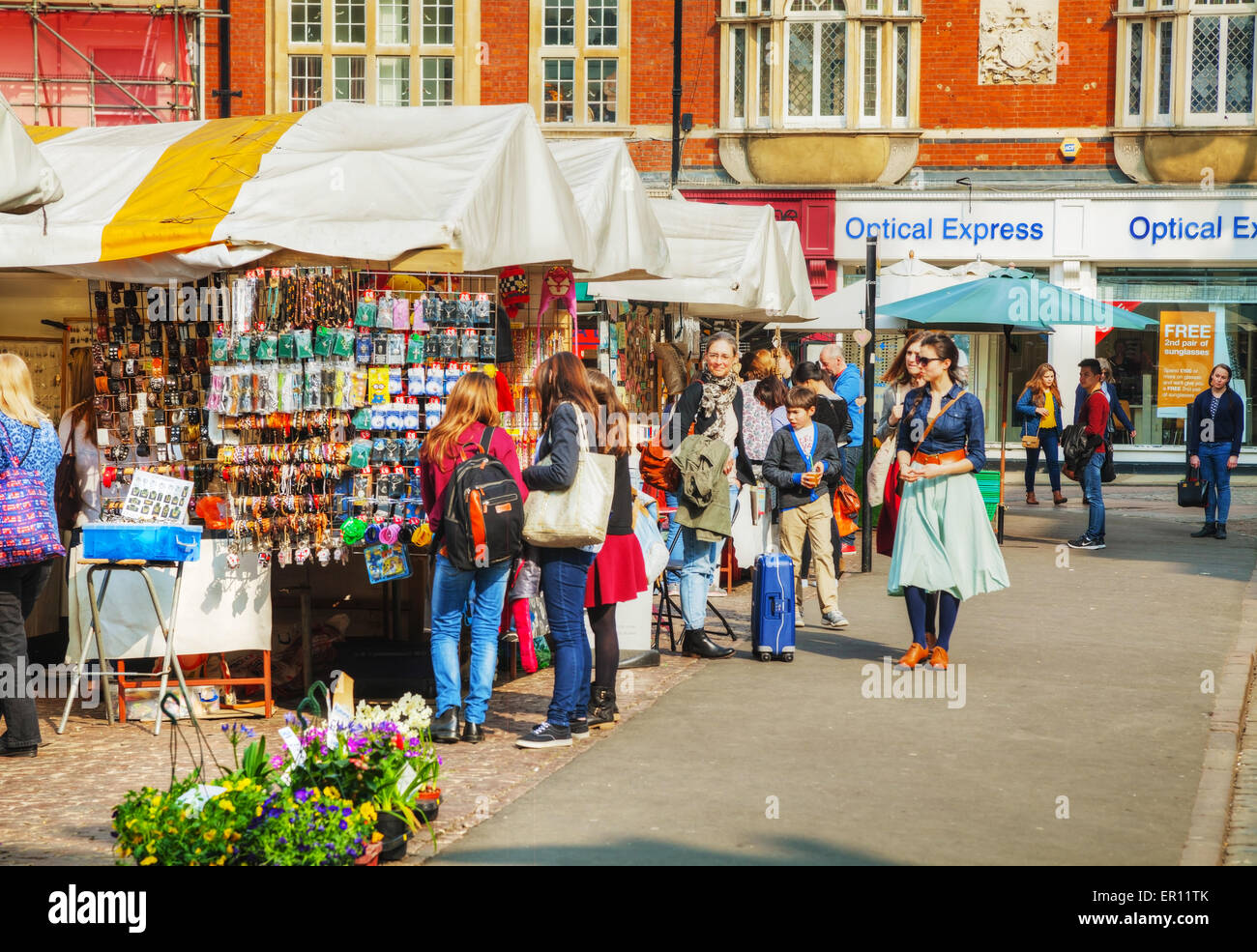 CAMBRIDGE, UK - APRIL 9: Street souvenir shops at the Market square on April 9, 2015 in Cambridge, UK. Stock Photo