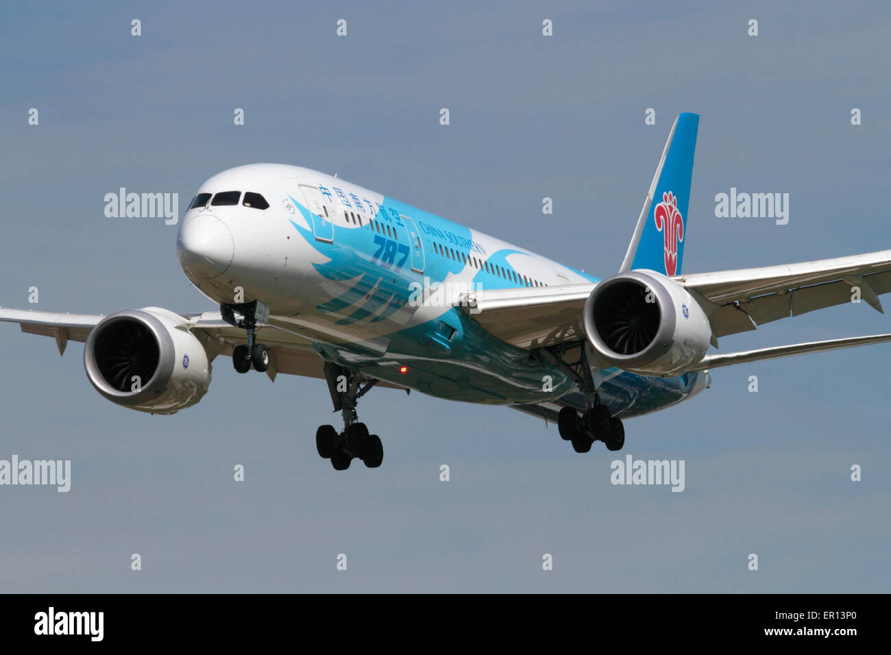China Southern Airlines Boeing 787-8 Dreamliner long haul widebody passenger jet plane on approach. Closeup view from ahead. Modern aviation. Stock Photo