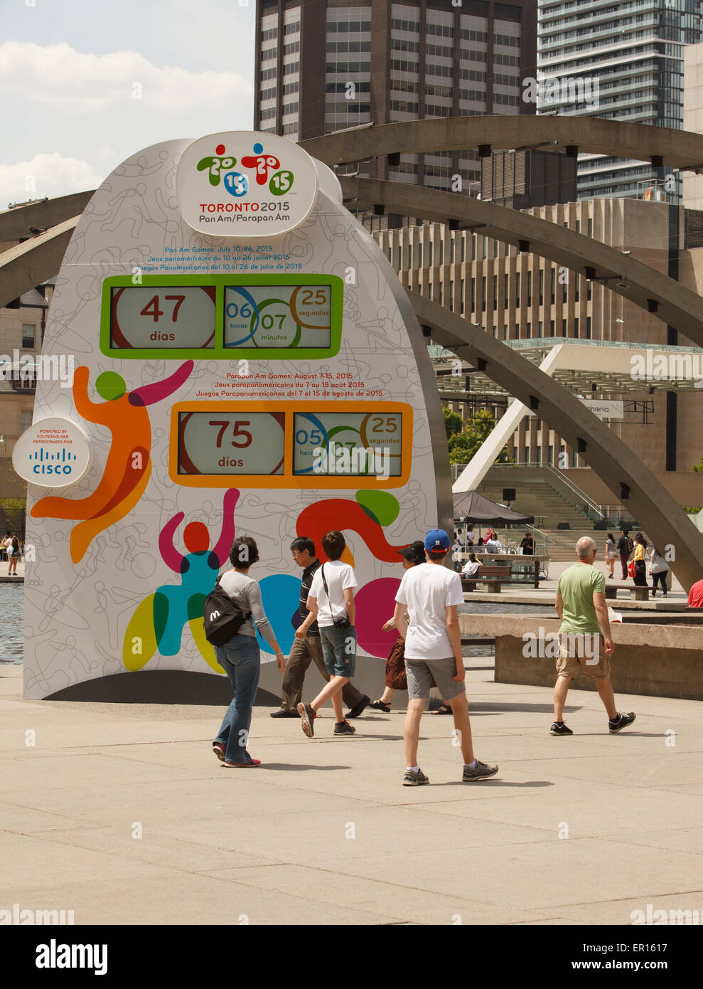 People passing by Pan Am and Parapan Am Games Countdown Clock located at Nathan Phillips Square ,Toronto,Canada Stock Photo