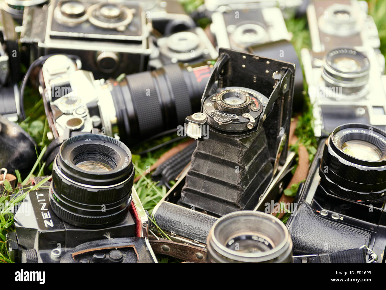 Collection of old vintage retro film analogue cameras Stock Photo