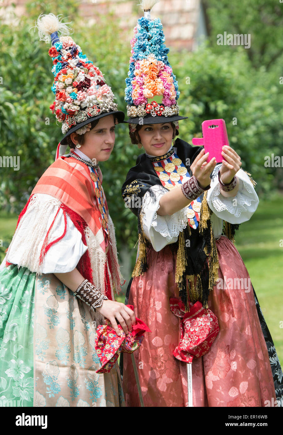 Gorjani, Eastern Croatia. 24th May, 2015. Young girls wearing traditional  folk costumes perform during the annual