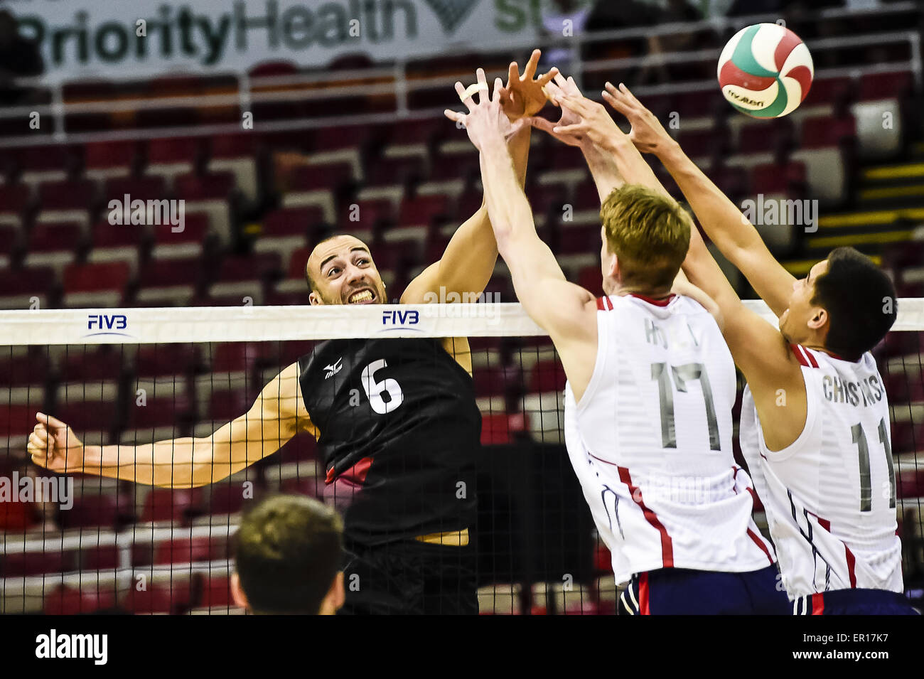 Detroit, Michigan, USA. 24th May, 2015. Justin Duff #6 (Canada) spikes the ball during a NORCECA qualifying game between Canada and USA. Canada won the game in five sets.Canada and USA both advance to the World Cup in Japan for a chance to qualify for the 2016 Olympics in Rio de Janeiro. © Scott Hasse/ZUMA Wire/ZUMAPRESS.com/Alamy Live News Stock Photo