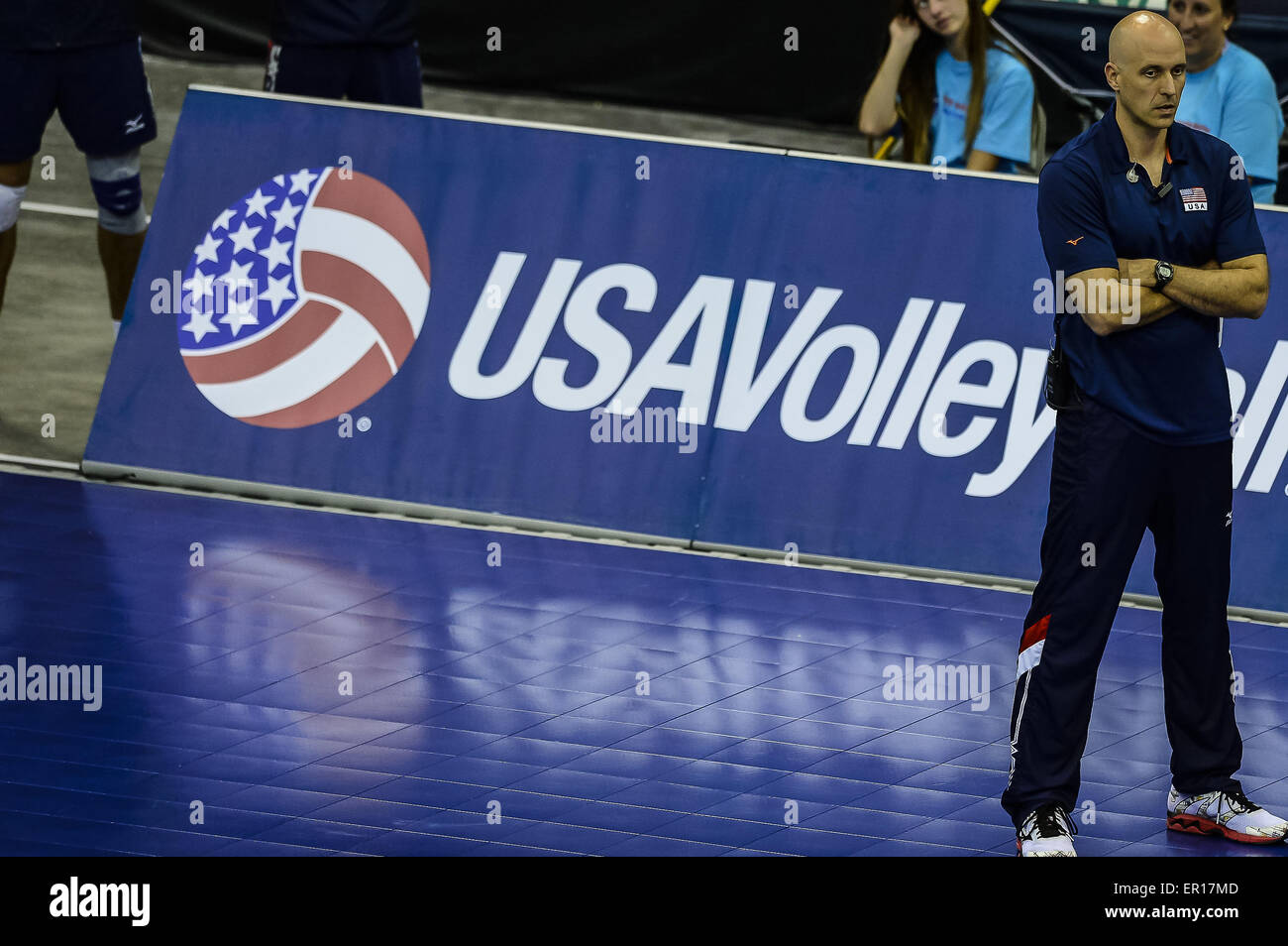 Detroit, Michigan, USA. 24th May, 2015. USA Coach John Speraw watches his team during a NORCECA qualifying game between Canada and USA. Canada won the game in five sets.Canada and USA both advance to the World Cup in Japan for a chance to qualify for the 2016 Olympics in Rio de Janeiro. © Scott Hasse/ZUMA Wire/ZUMAPRESS.com/Alamy Live News Stock Photo
