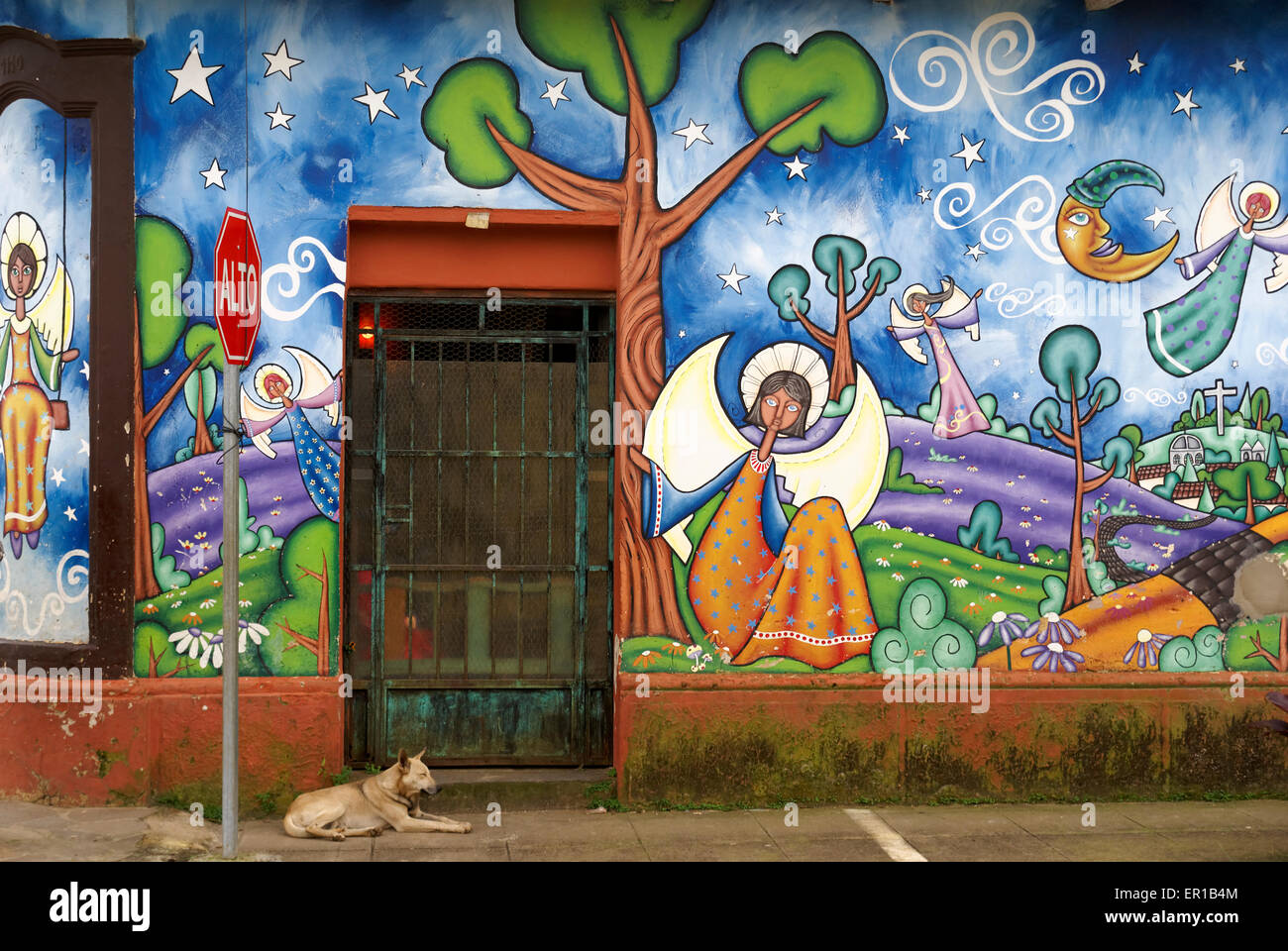 Colorful angels mural on the wall of a store in the town of Concepcion de Ataco, Ahuachapan department, El Salvador, Central America Stock Photo