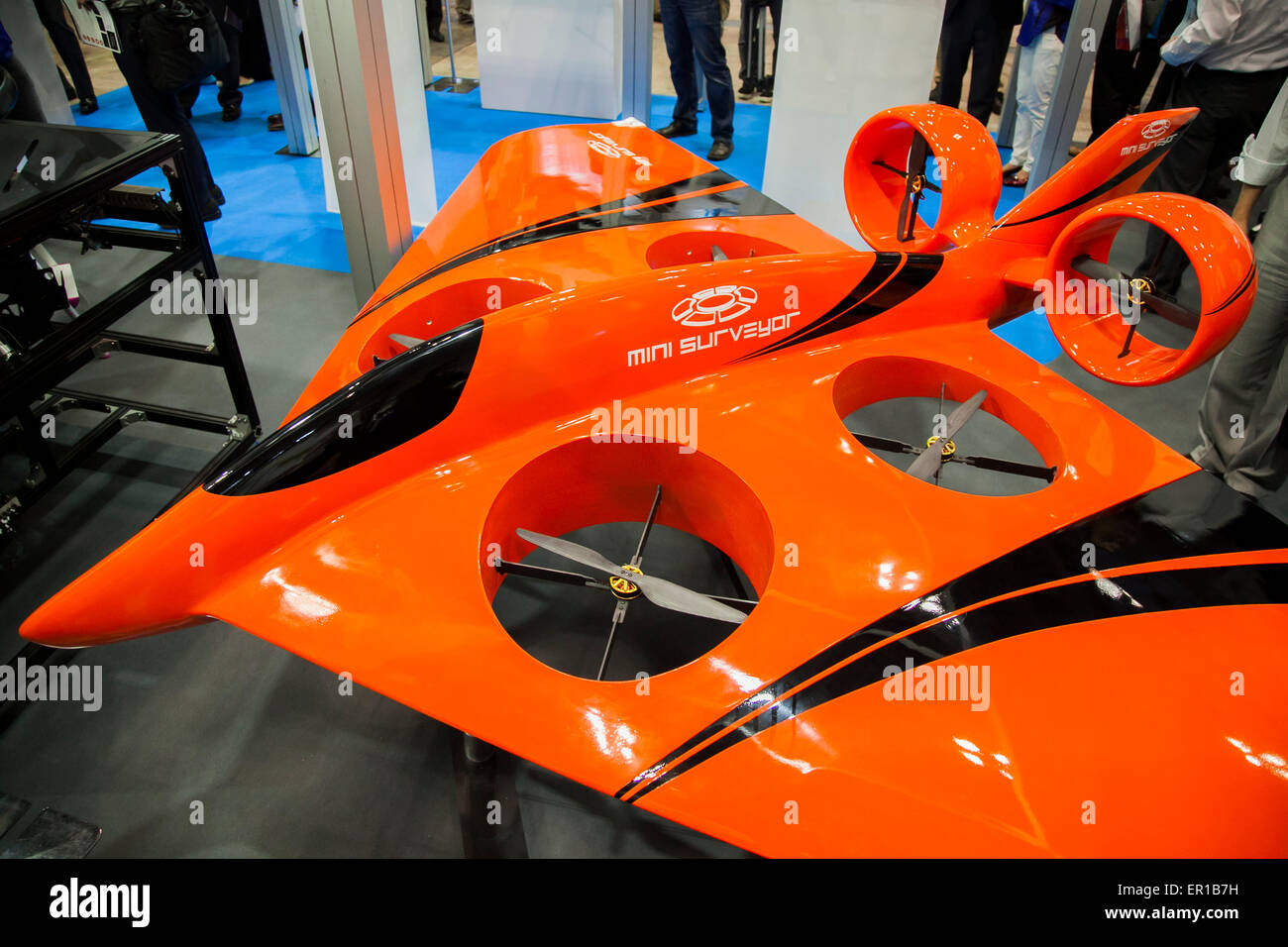 A prototype high-speed drone manufactured by Japan's venture company  Autonomous Control System Laboratory Ltd on display during the  International Drone Expo 2015 on May 20, 2015, Chiba, Japan. About 510  companies showed