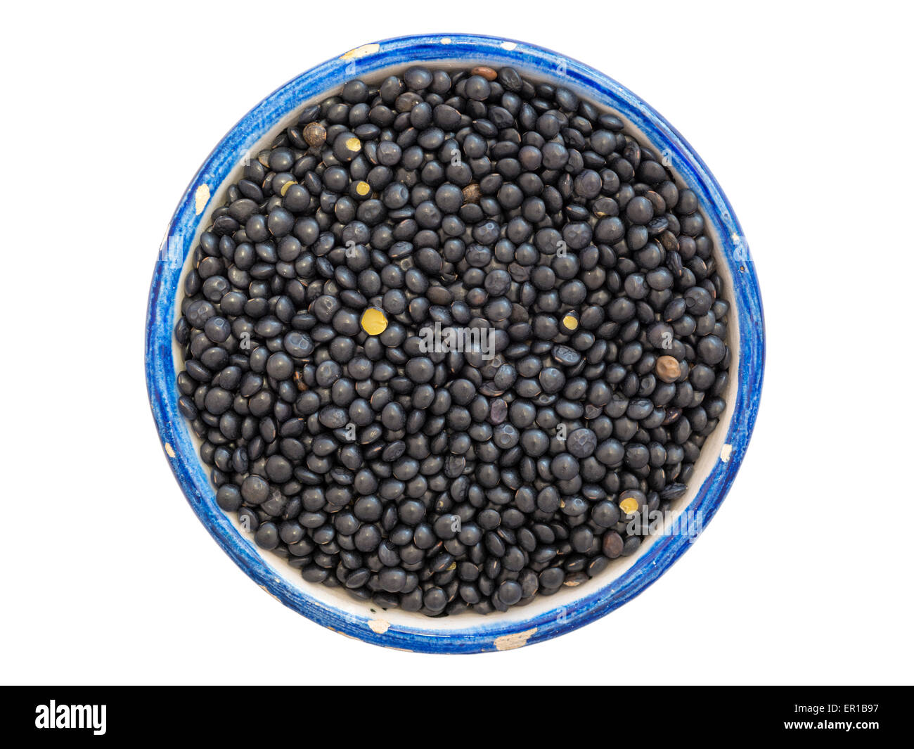 many black beluga lentil seeds in small blue cup isolated on white Stock Photo