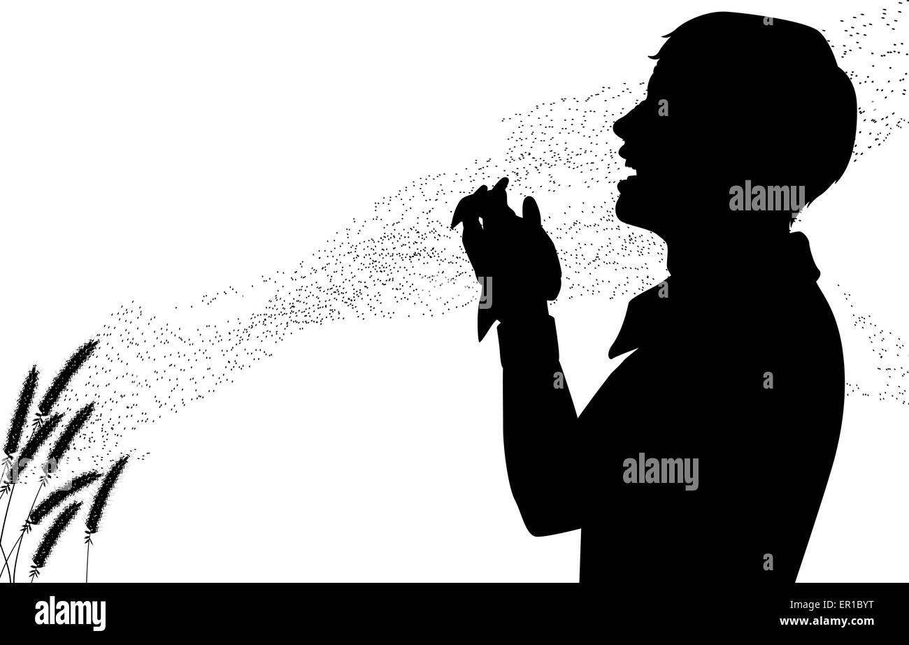EPS8 editable vector silhouette of pollen drifting from grass flowers with a man suffering from hay fever sneezing Stock Vector