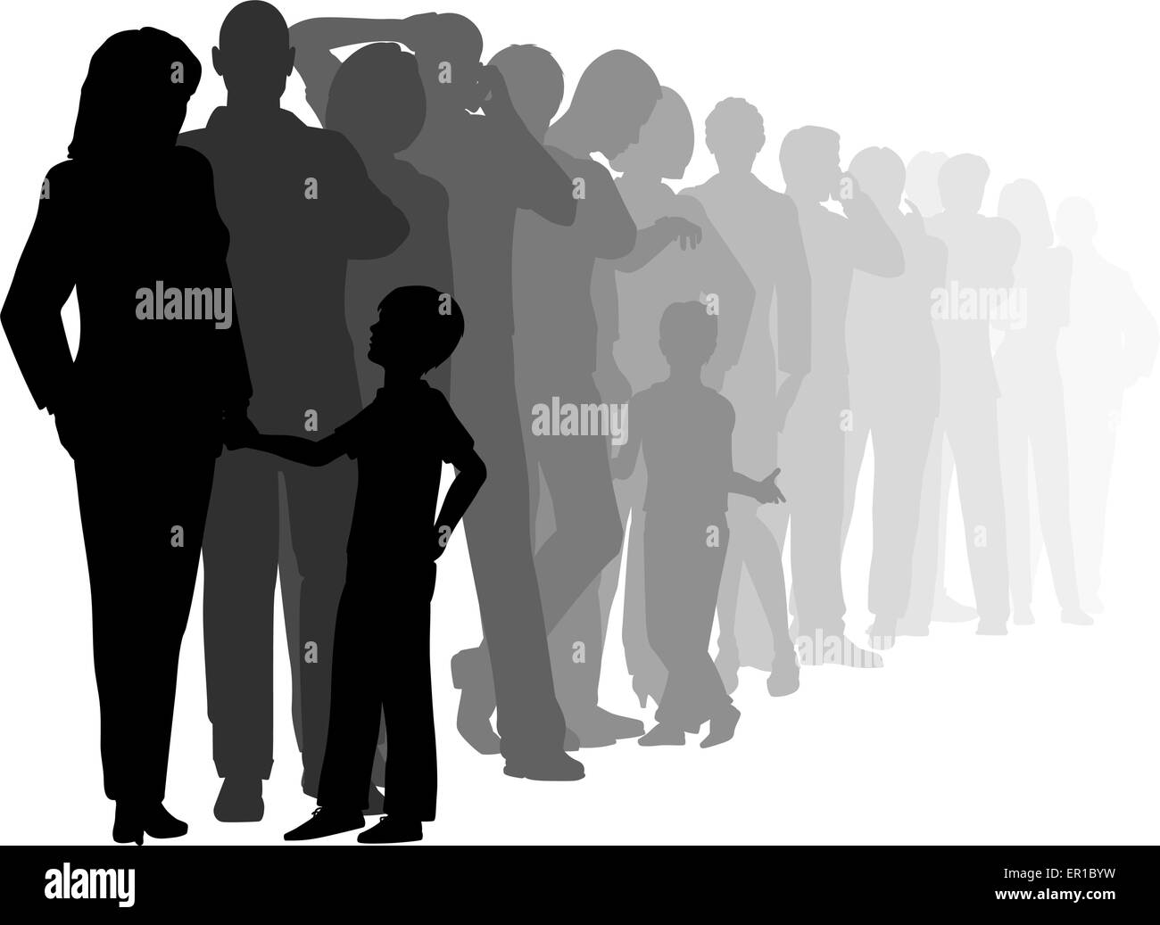 EPS8 editable vector cutout illustration of a long queue of people waiting patiently with all figures as separate objects Stock Vector