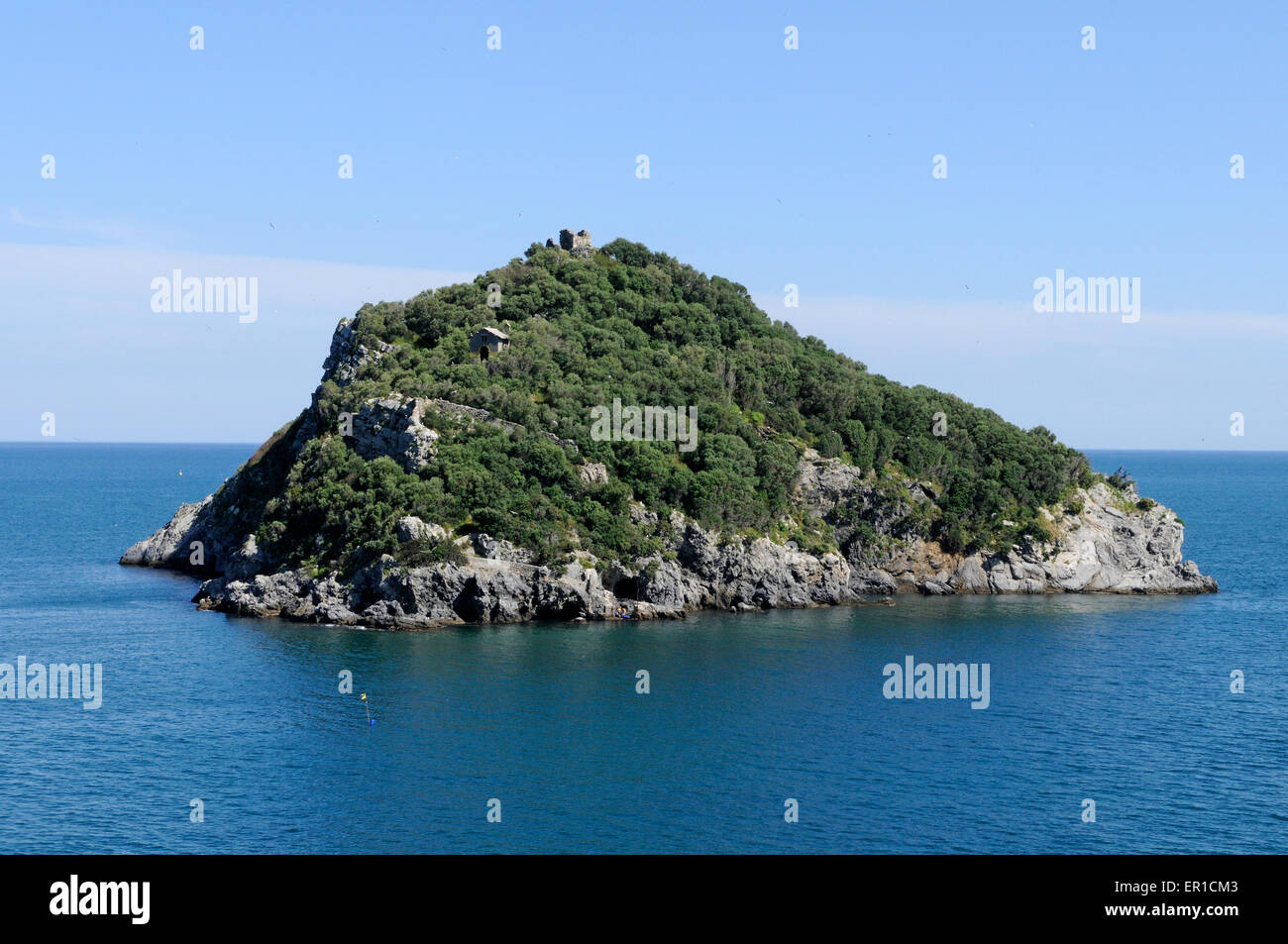 view on the beach and island of Bergeggi, Spotorno, Ligury, Italy Stock Photo