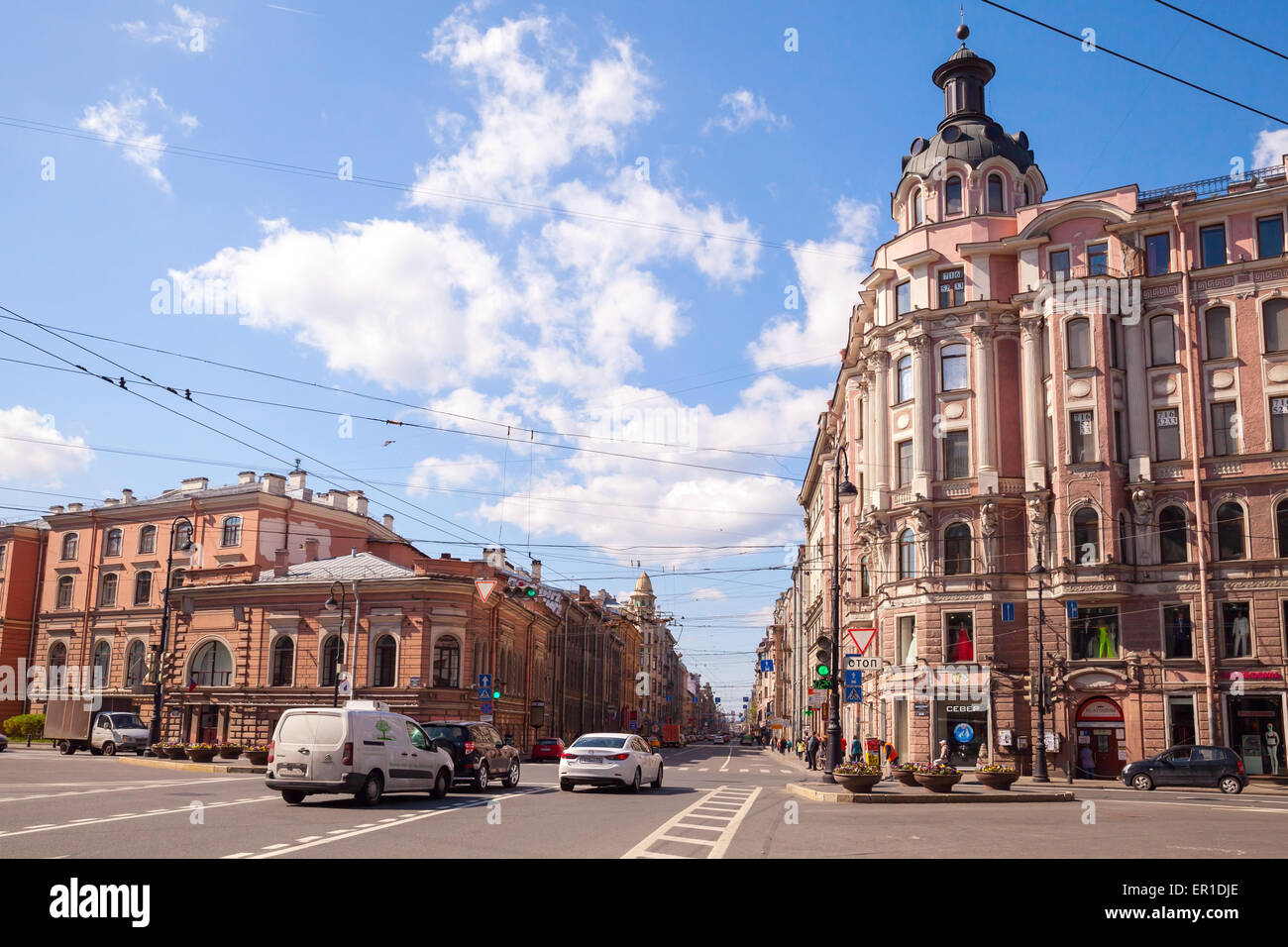 Saint-Petersburg, Russia - May 32, 2015: street view on central part of St.Petersburg, perspective of Bolshoy Prospekt Stock Photo