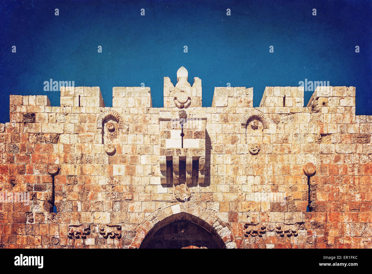 Lion Gate of the ancient wall surrounding the Old City of Jerusalem Stock Photo