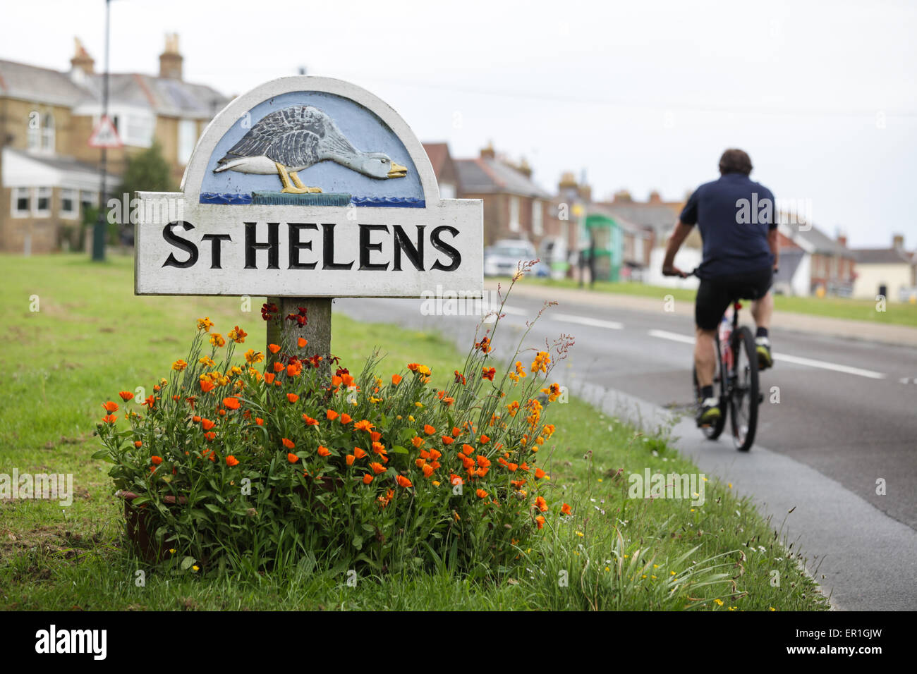 A cyclist riding past the village sign of St. Helens (AKA Goose Island) next to the green on the Isle of Wight. Stock Photo